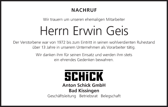 Anzeige von Erwin Geis von MGO