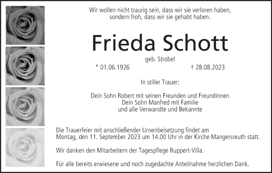 Anzeige von Frieda Schott von MGO