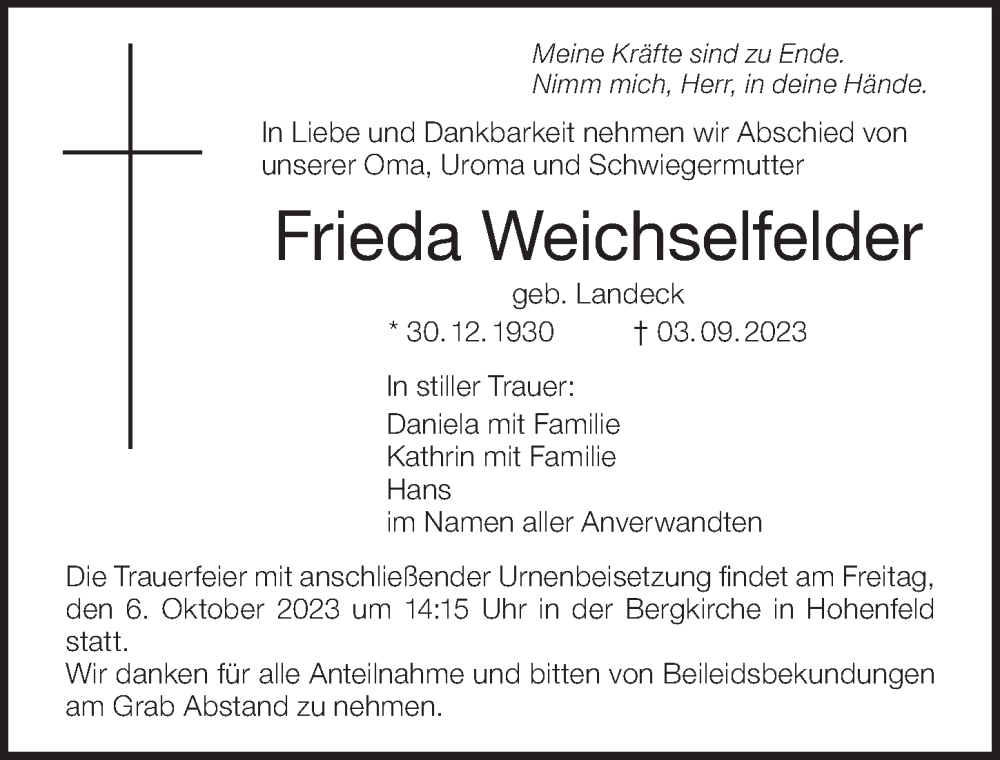  Traueranzeige für Frieda Weichselfelder vom 08.09.2023 aus MGO