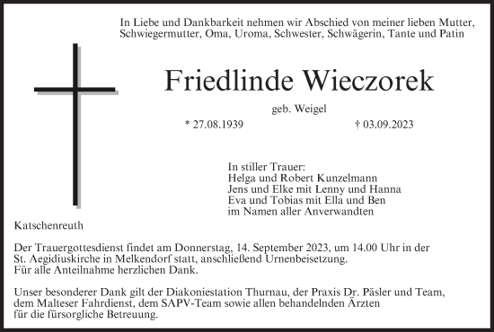 Anzeige von Friedlinde Wieczorek von MGO