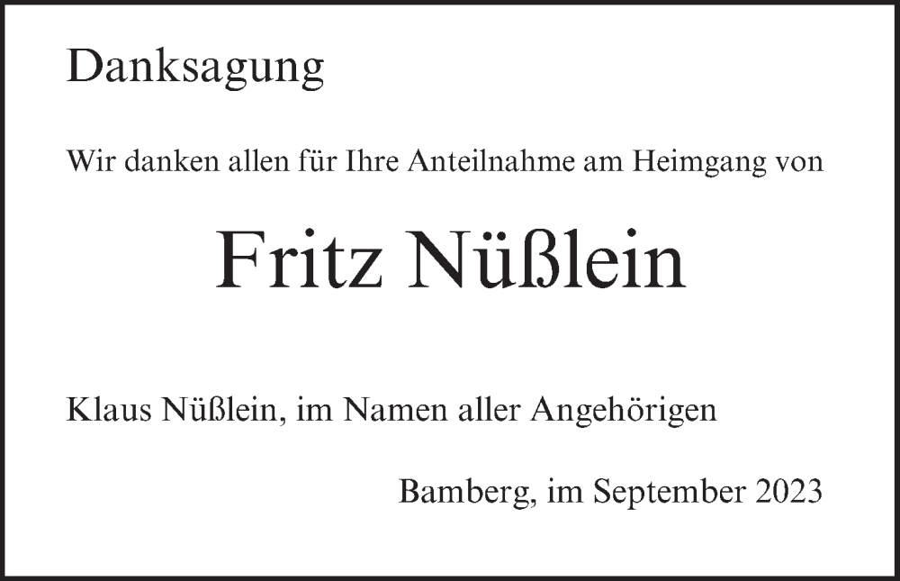  Traueranzeige für Fritz Nüßlein vom 02.09.2023 aus MGO