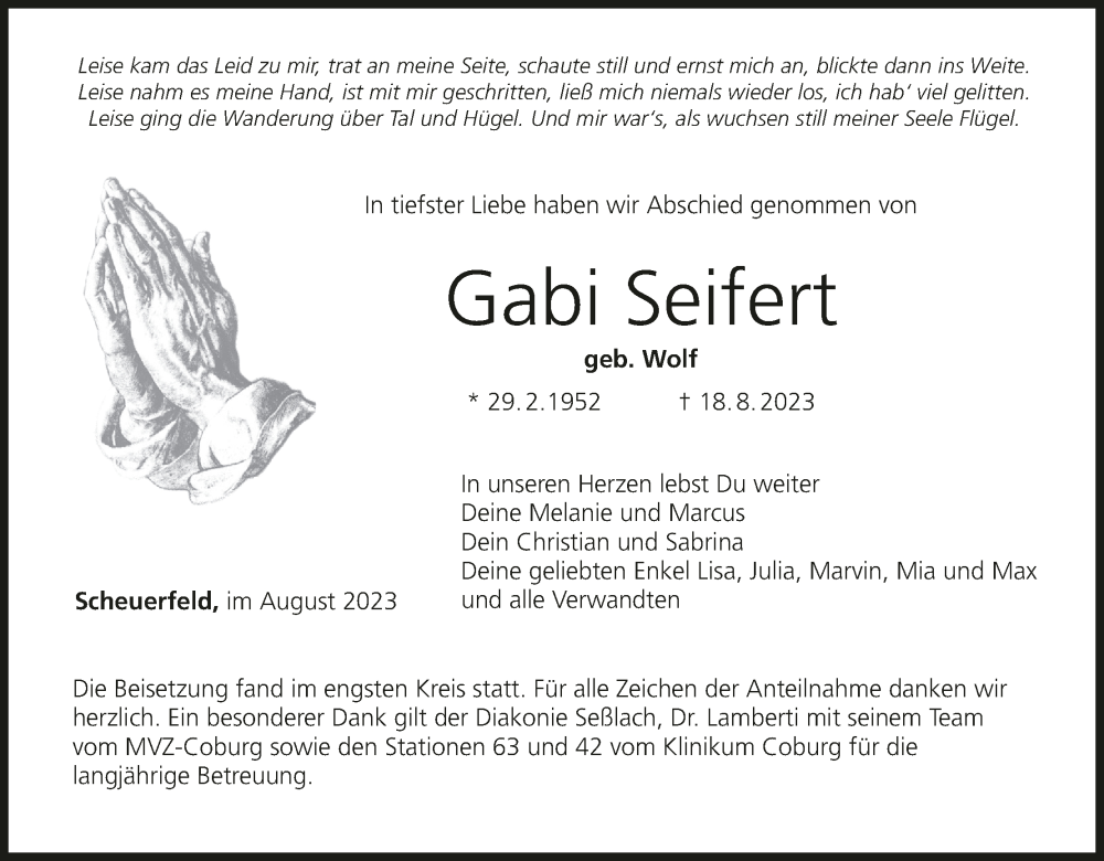  Traueranzeige für Gabi Seifert vom 16.09.2023 aus MGO