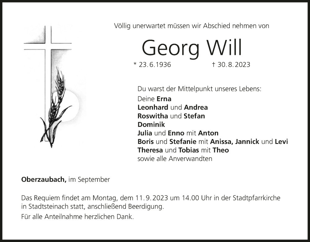  Traueranzeige für Georg Will vom 06.09.2023 aus MGO