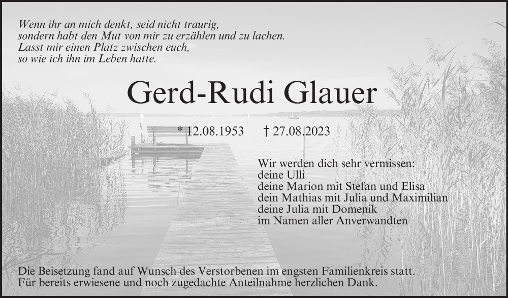  Traueranzeige für Gerd-Rudi Glauer vom 02.09.2023 aus MGO