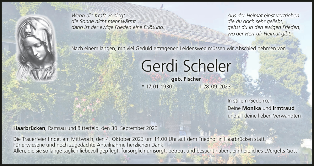  Traueranzeige für Gerdi Scheler vom 30.09.2023 aus MGO