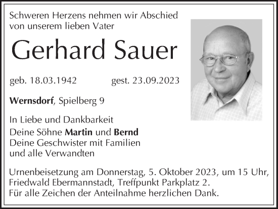 Anzeige von Gerhard Sauer von MGO