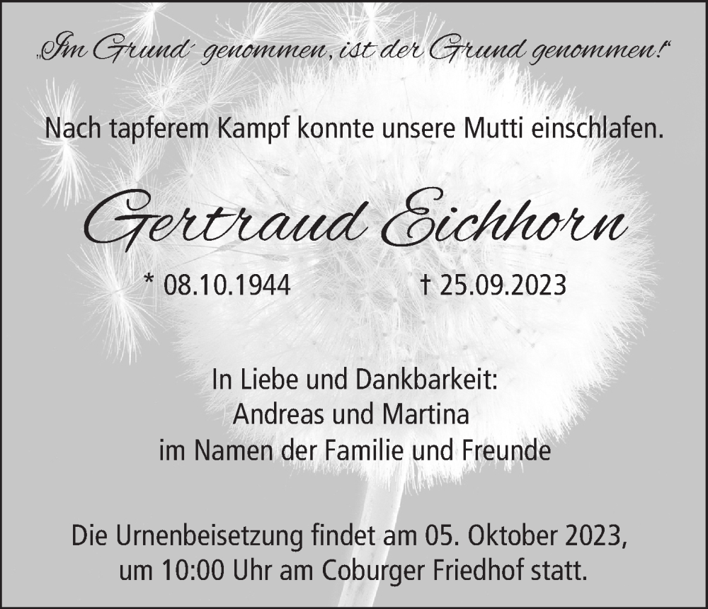  Traueranzeige für Gertraud Eichhorn vom 30.09.2023 aus MGO
