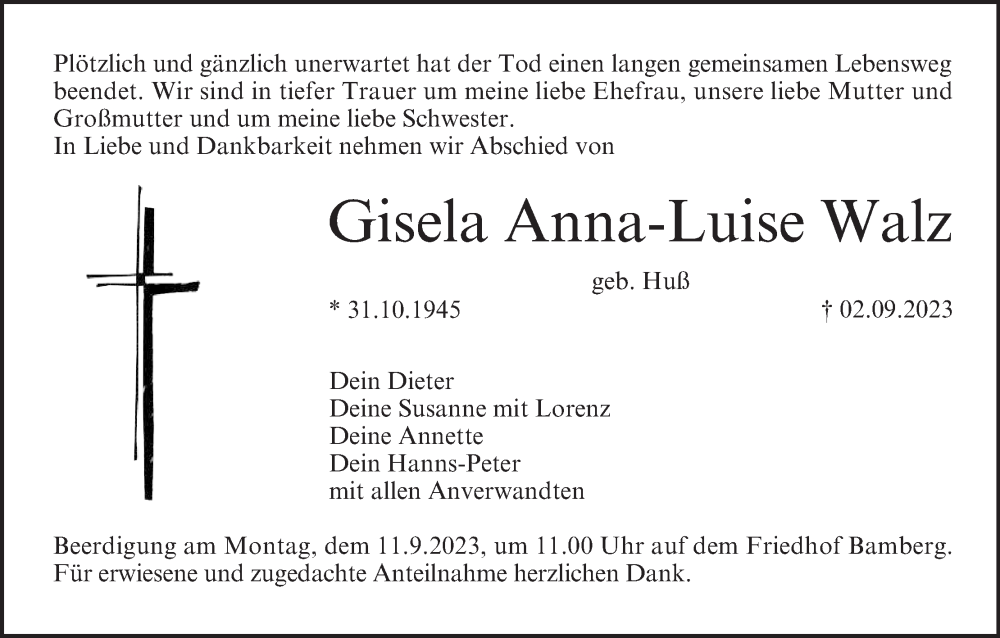  Traueranzeige für Gisela Anna-Luise Walz vom 09.09.2023 aus MGO