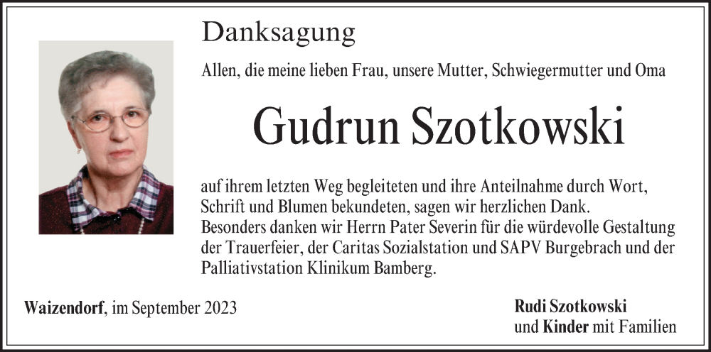  Traueranzeige für Gudrun Szotkowski vom 09.09.2023 aus MGO