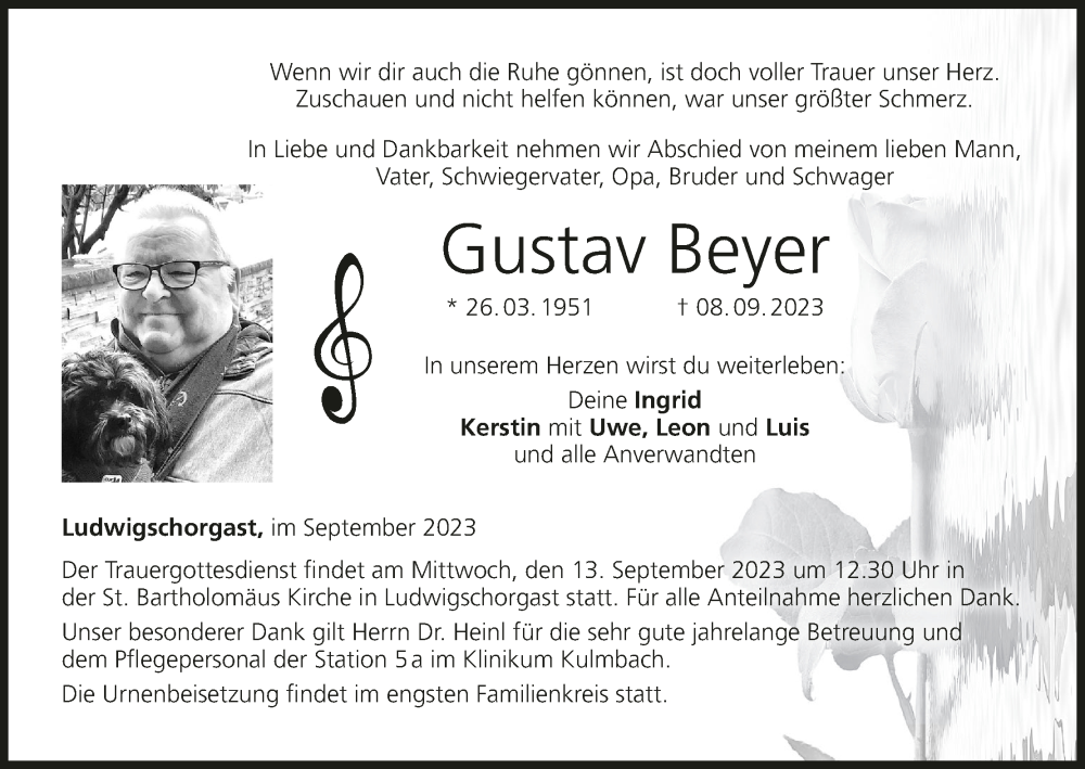 Traueranzeige für Gustav Beyer vom 12.09.2023 aus MGO