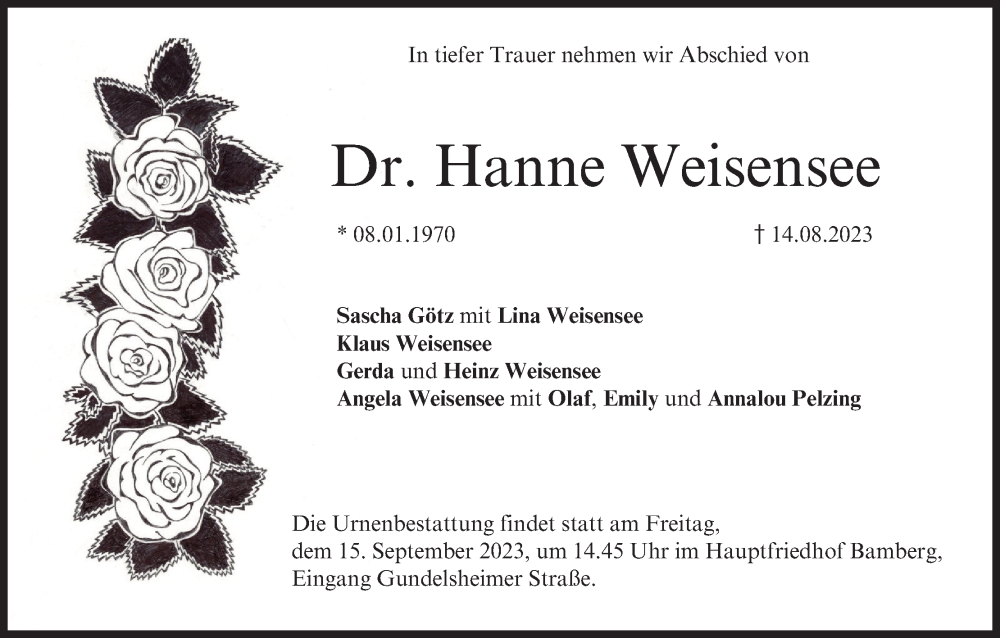  Traueranzeige für Hanne Weisensee vom 09.09.2023 aus MGO