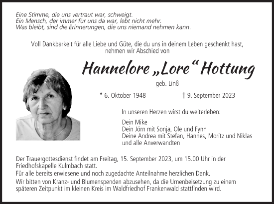 Anzeige von Hannelore Hottung von MGO