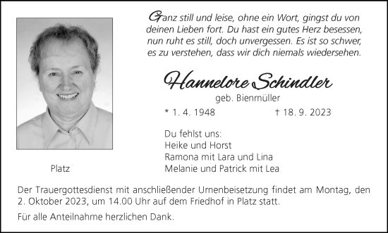 Anzeige von Hannelore Schindler von MGO