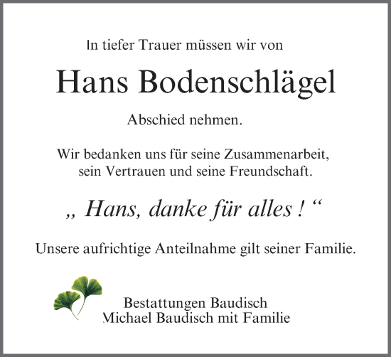 Anzeige von Hans Bodenschlägel von MGO