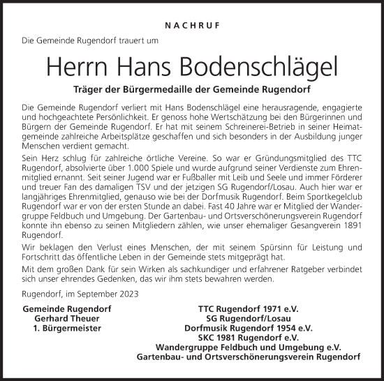 Anzeige von Hans Bodenschlägel von MGO