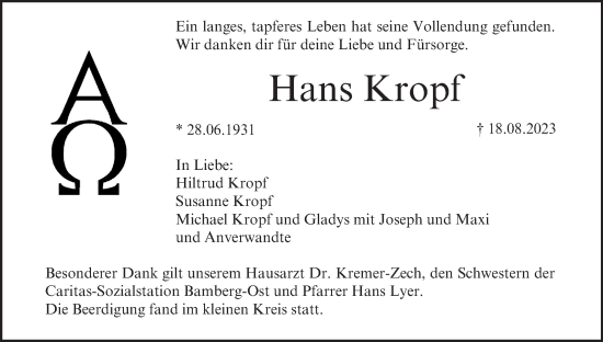 Anzeige von Hans Kropf von MGO