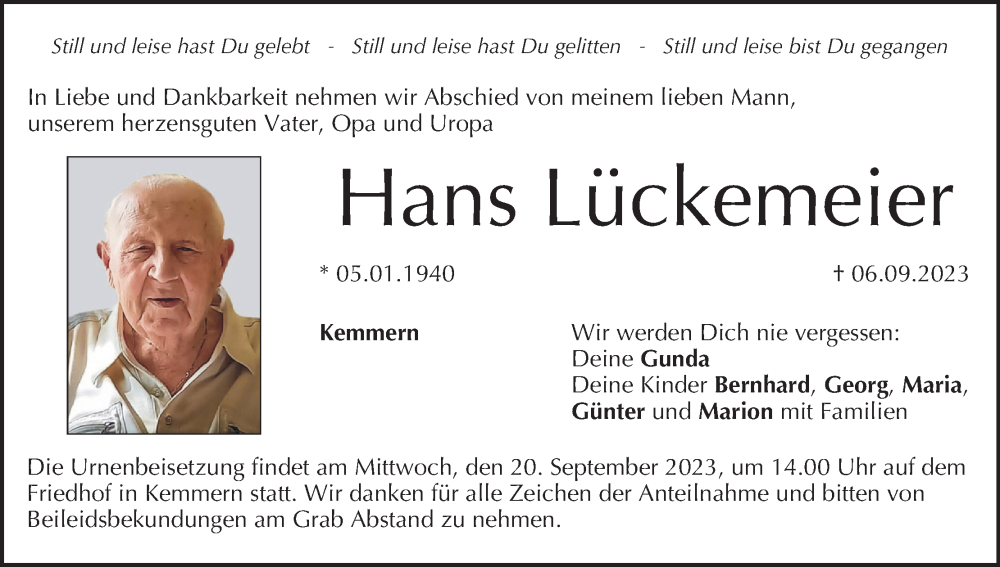  Traueranzeige für Hans Lückemeier vom 16.09.2023 aus MGO