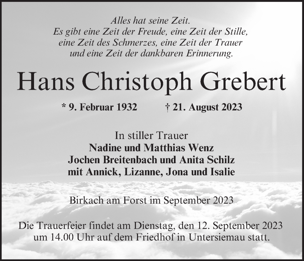  Traueranzeige für Hans Christoph Grebert vom 09.09.2023 aus MGO