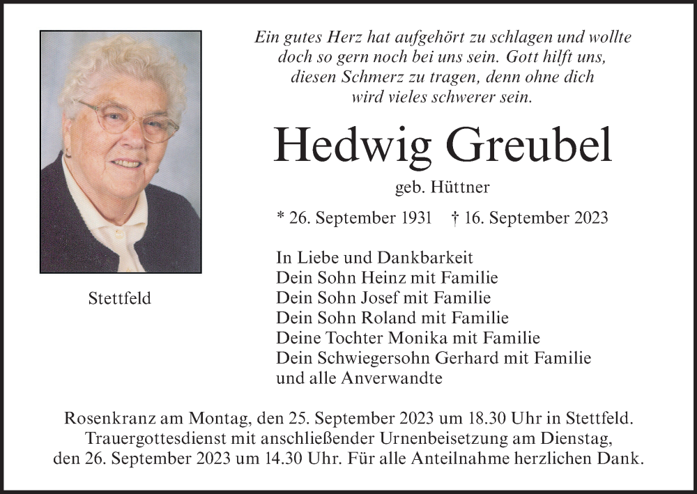  Traueranzeige für Hedwig Greubel vom 25.09.2023 aus MGO
