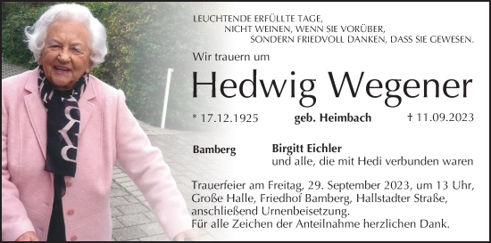 Anzeige von Hedwig Wegener von MGO