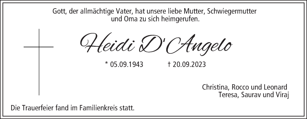  Traueranzeige für Heidi D Angelo vom 30.09.2023 aus MGO