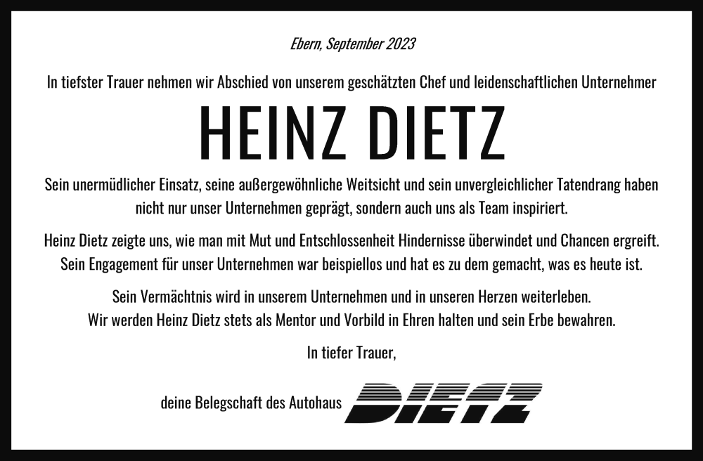  Traueranzeige für Heinz Dietz vom 09.09.2023 aus MGO