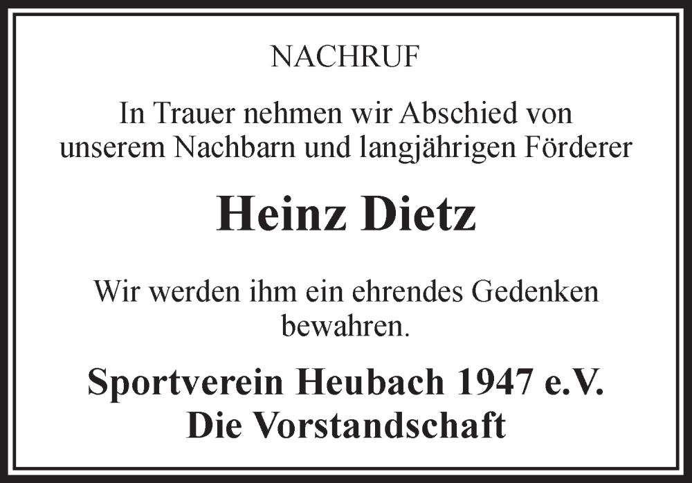  Traueranzeige für Heinz Dietz vom 13.09.2023 aus MGO