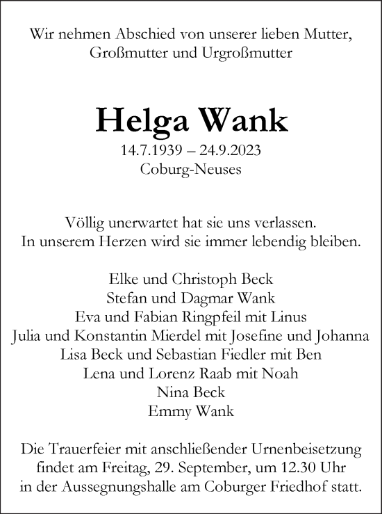 Anzeige von Helga Wank von MGO