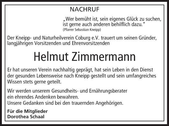 Anzeige von Helmut Zimmermann von MGO