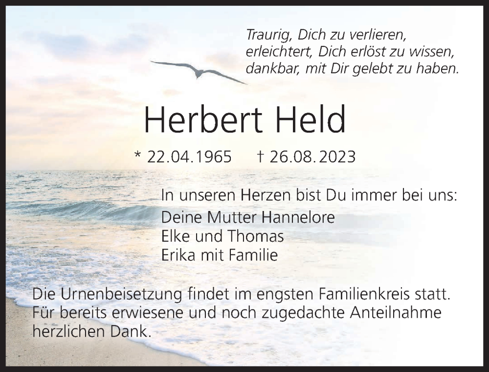  Traueranzeige für Herbert Held vom 02.09.2023 aus MGO