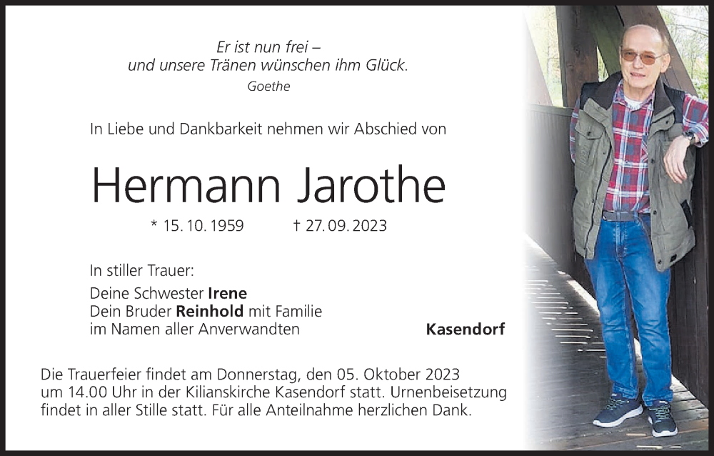 Traueranzeige für Hermann Jarothe vom 30.09.2023 aus MGO
