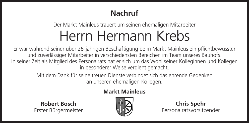  Traueranzeige für Hermann Krebs vom 06.09.2023 aus MGO