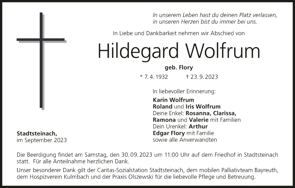  Traueranzeige für Hildegard Wolfrum vom 27.09.2023 aus MGO