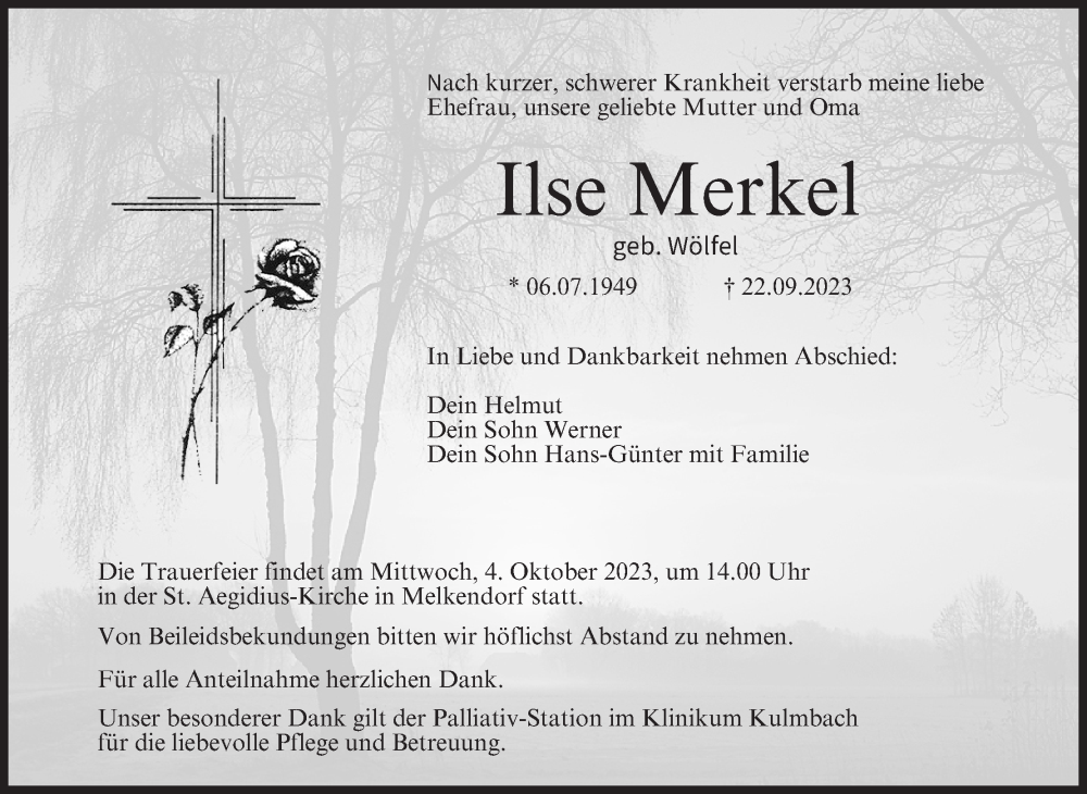  Traueranzeige für Ilse Merkel vom 30.09.2023 aus MGO