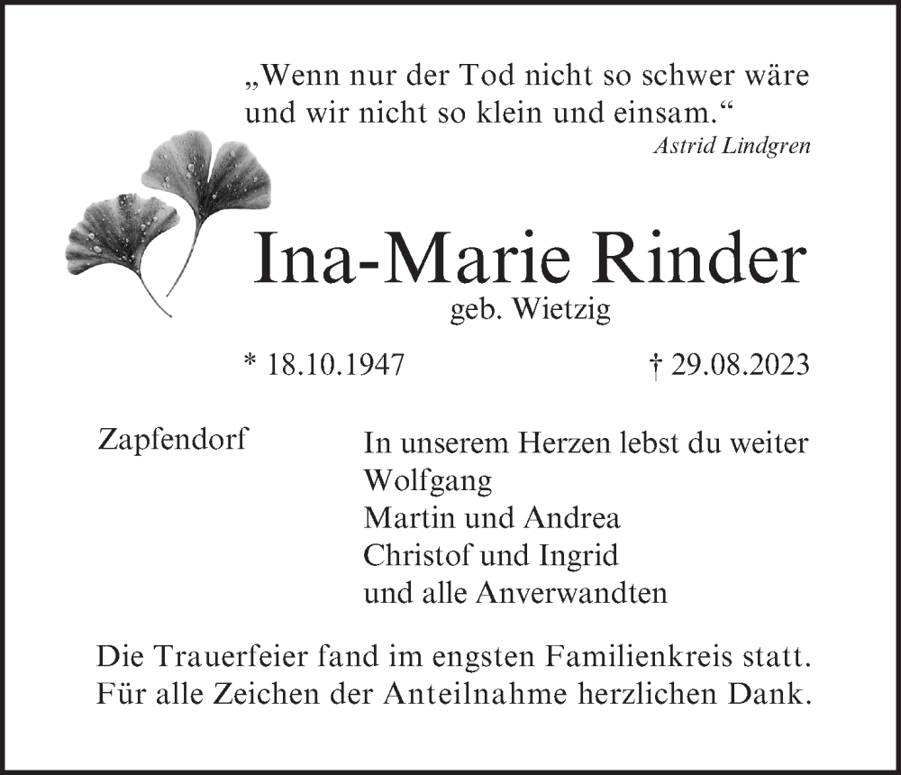  Traueranzeige für Ina-Marie Rinder vom 30.09.2023 aus MGO