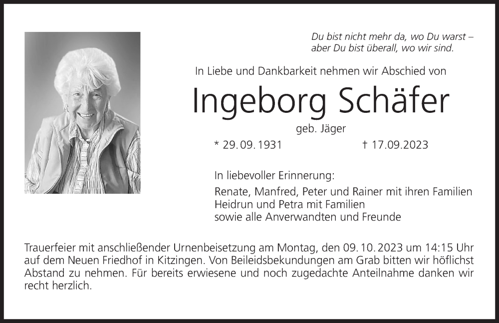 Traueranzeige für Ingeborg Schäfer vom 30.09.2023 aus MGO