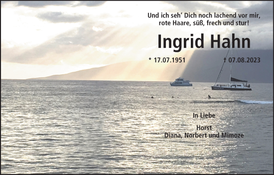 Anzeige von Ingrid Hahn von MGO