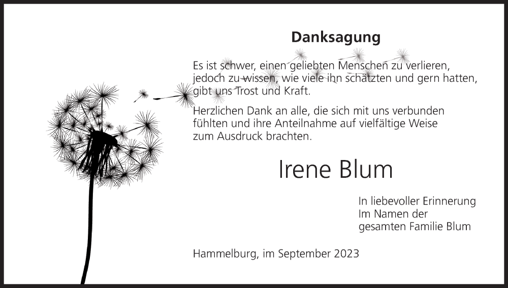  Traueranzeige für Irene Blum vom 09.09.2023 aus MGO