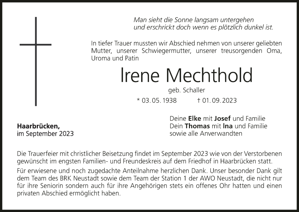  Traueranzeige für Irene Mechthold vom 09.09.2023 aus MGO
