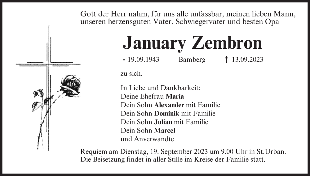  Traueranzeige für January Zembron vom 18.09.2023 aus MGO