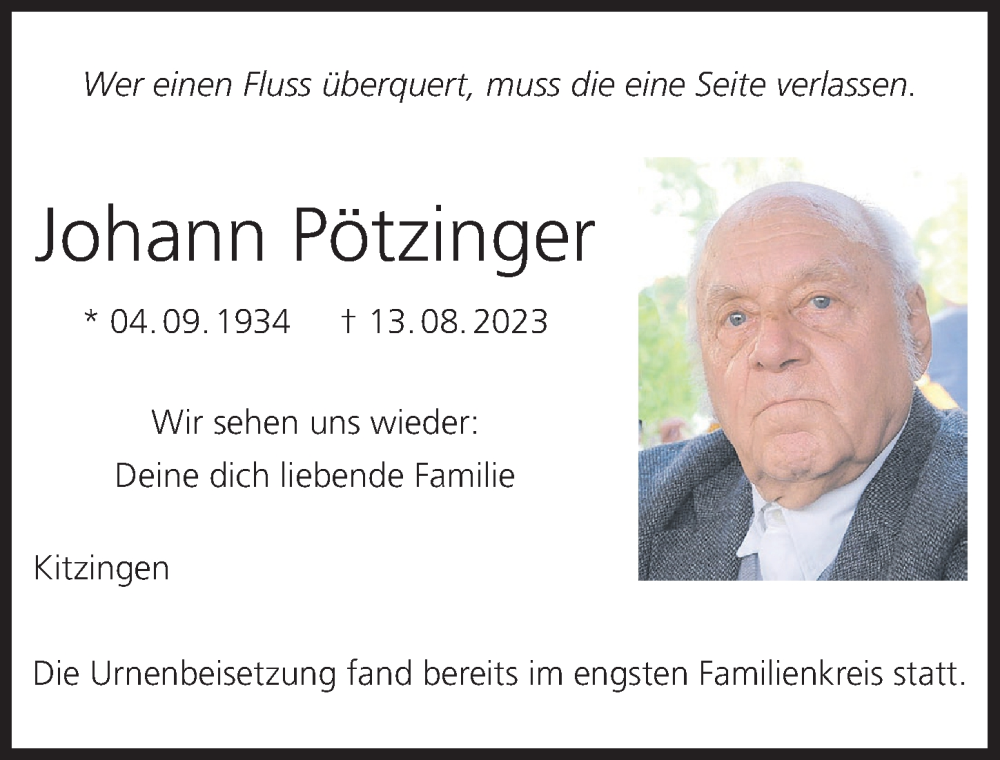  Traueranzeige für Johann Pötzinger vom 02.09.2023 aus MGO