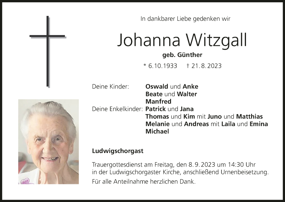  Traueranzeige für Johanna Witzgall vom 02.09.2023 aus MGO
