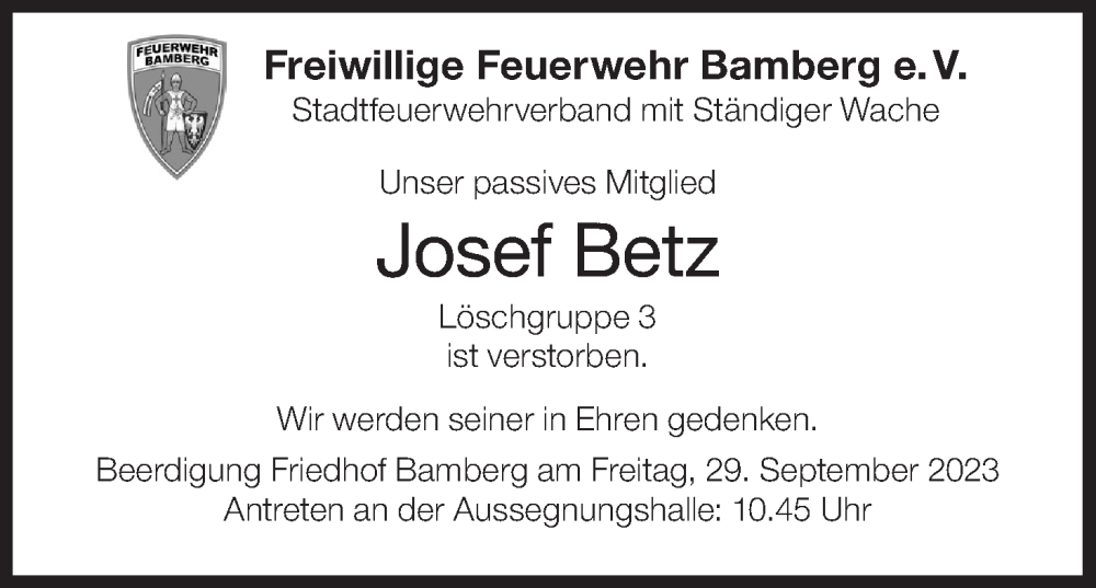  Traueranzeige für Josef Betz vom 27.09.2023 aus MGO