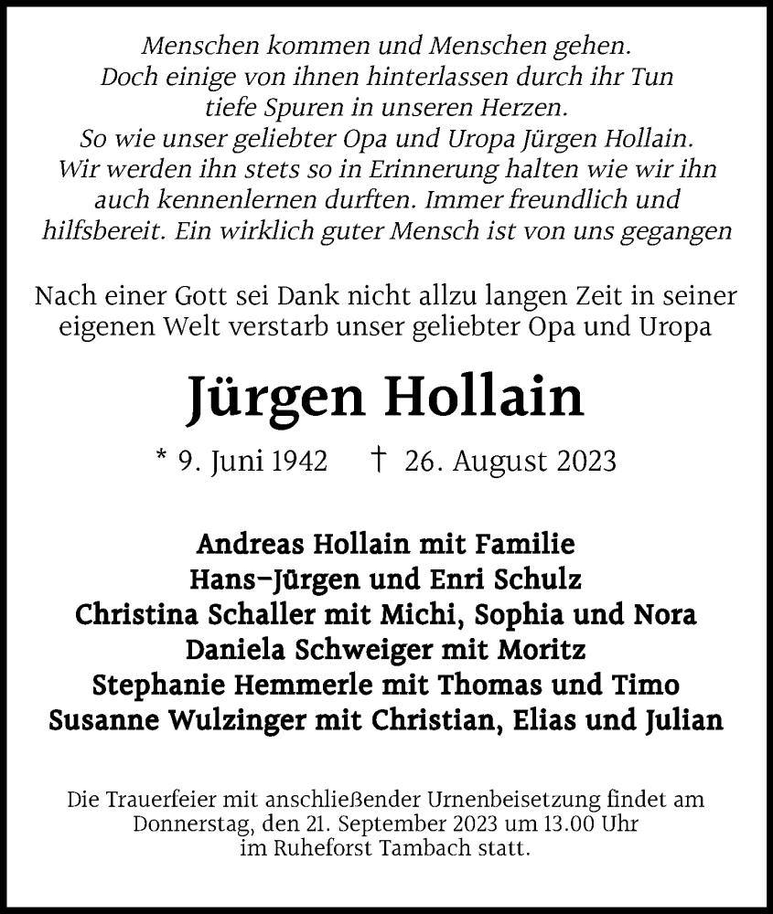  Traueranzeige für Jürgen Hollain vom 16.09.2023 aus MGO