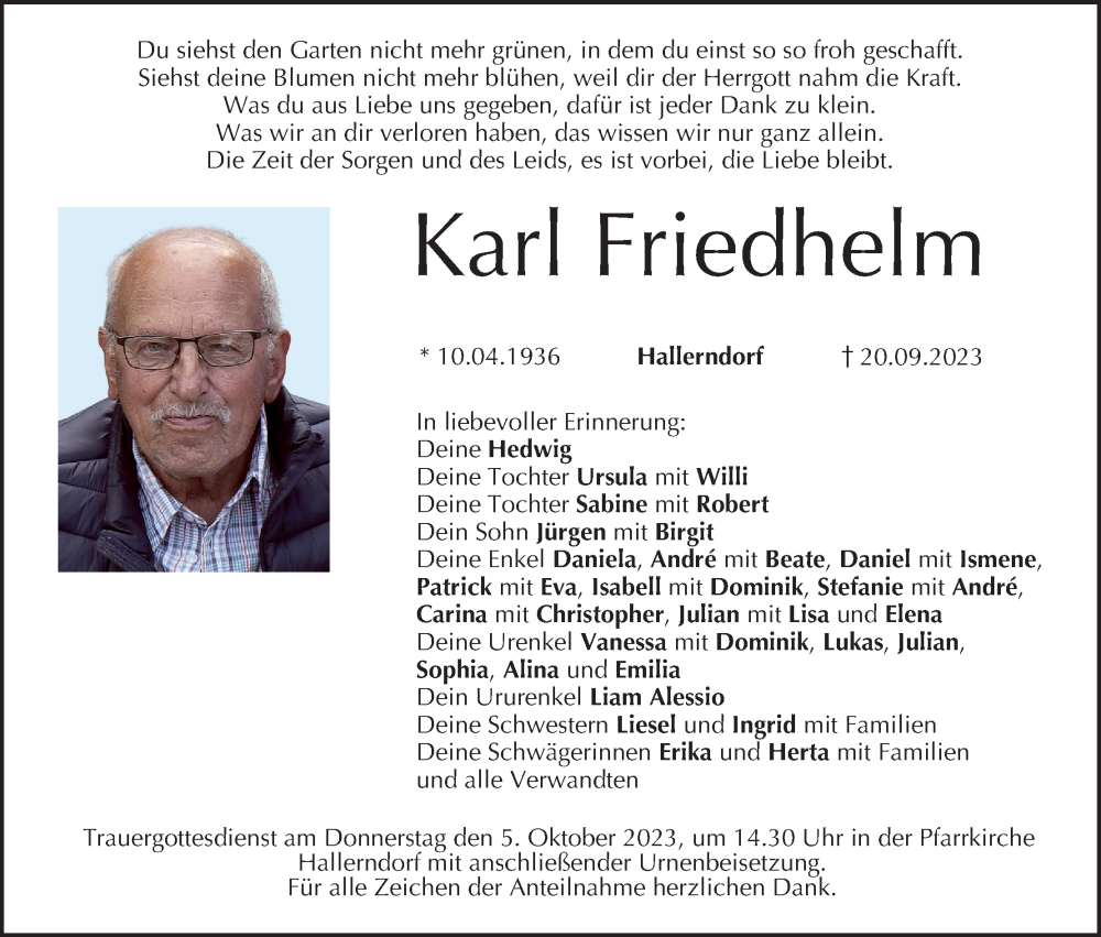  Traueranzeige für Karl Friedhelm vom 30.09.2023 aus MGO