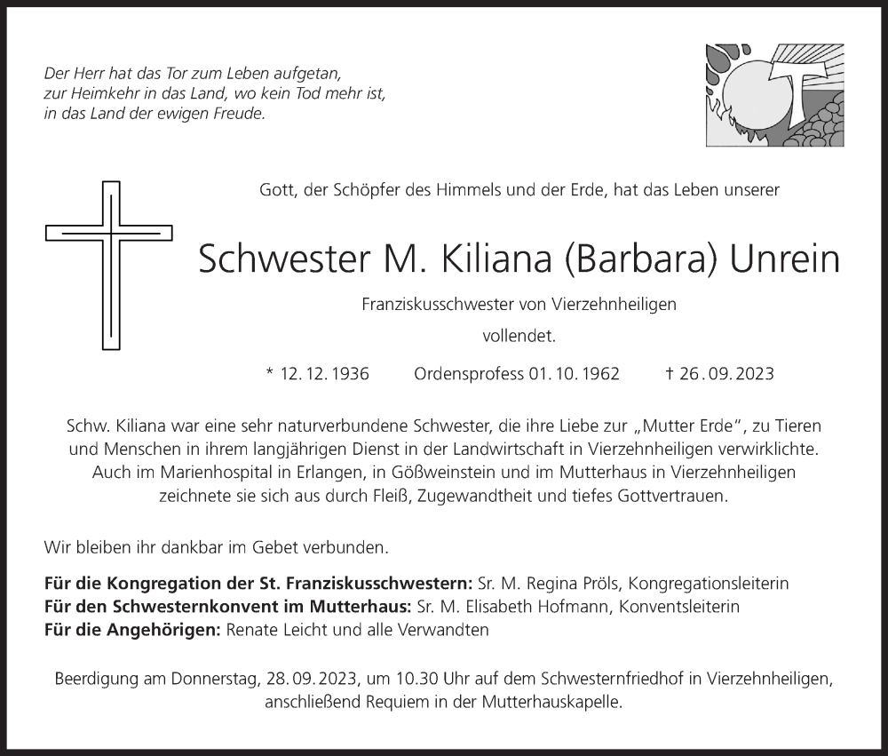  Traueranzeige für Kiliana Barbara Unrein vom 27.09.2023 aus MGO