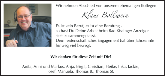 Anzeige von Klaus Bollwein von MGO