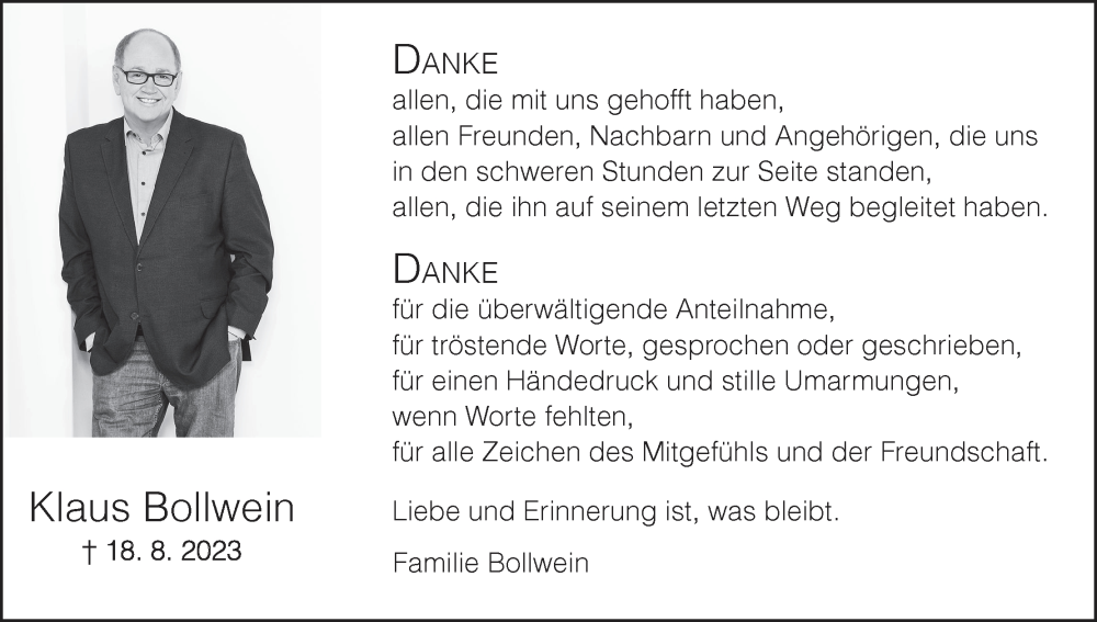  Traueranzeige für Klaus Bollwein vom 09.09.2023 aus MGO