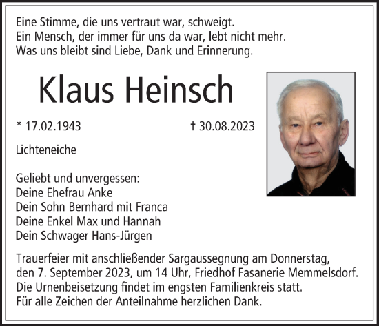 Anzeige von Klaus Heinsch von MGO