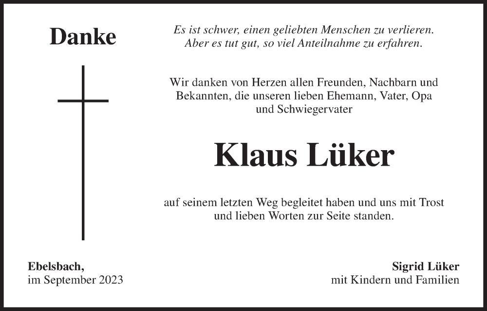  Traueranzeige für Klaus Lüker vom 30.09.2023 aus MGO